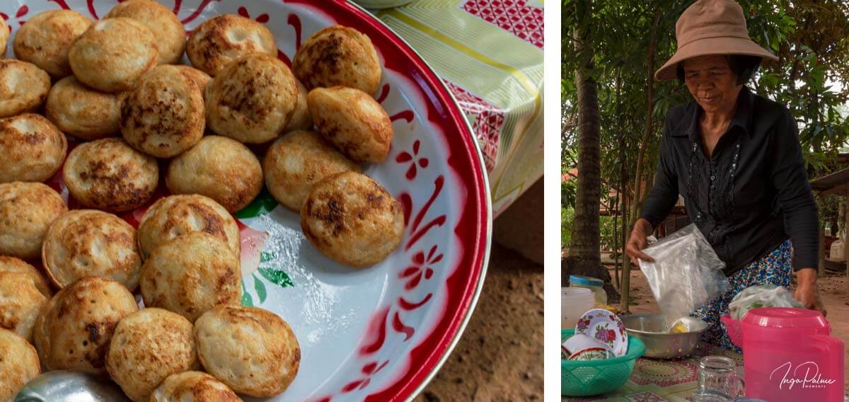 Bäuerin mit Mini Pfannkuchen an einem kleinen Stand in Siem Reap, Kambodscha