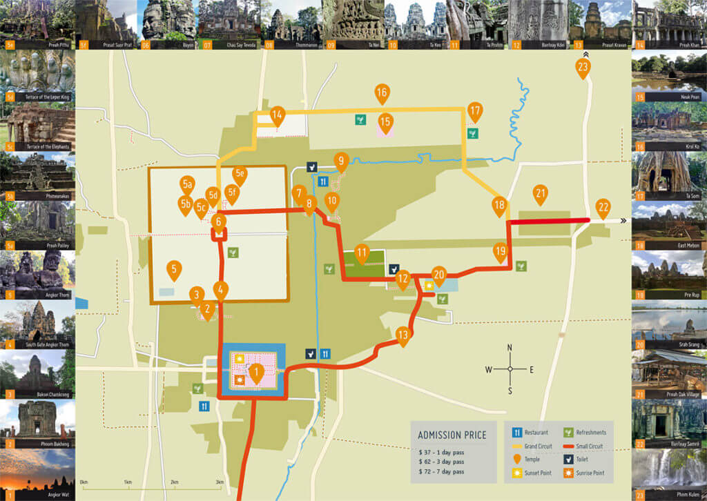 Angkor Map with photos of Angkor temples. Grand and small circuit. 