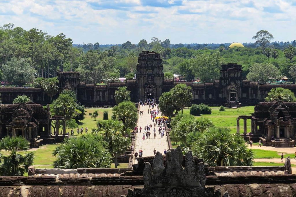 Panorama from the third level of Angkor Wat with view to the Gopuram in the back. 