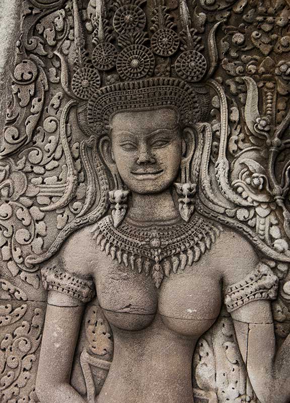 Devata carving at a wall of Angkor Wat. Photo: Nico Hartung